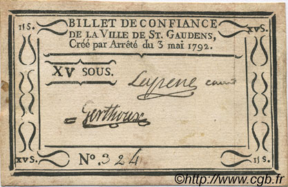 15 Sous FRANCE regionalism and various Saint Gaudens 1792 Kc.31.135 VF+