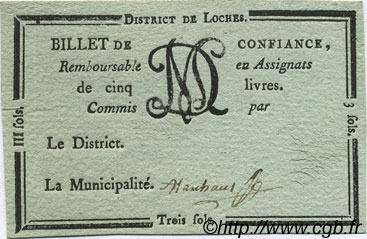 3 Sols FRANCE regionalism and miscellaneous Loches 1792 Kc.37.015d var XF