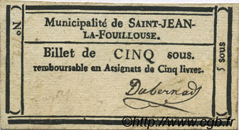 5 Sous FRANCE regionalism and various Saint Jean La Fouillouse 1792 Kc.48.113b VF