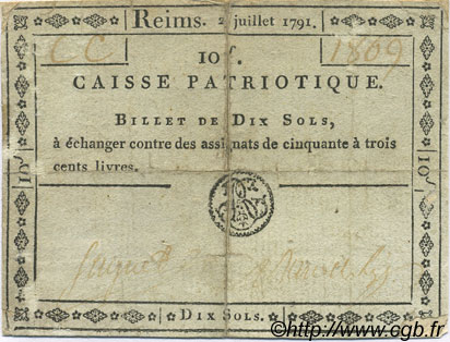 10 Sols FRANCE Regionalismus und verschiedenen Reims 1791 Kc.51.006h S
