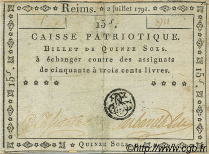 15 Sols FRANCE regionalism and various Reims 1791 Kc.51.007a VF