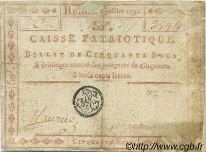 50 Sols FRANCE regionalismo e varie Reims 1791 Kc.51.009 (ou 015b) MB