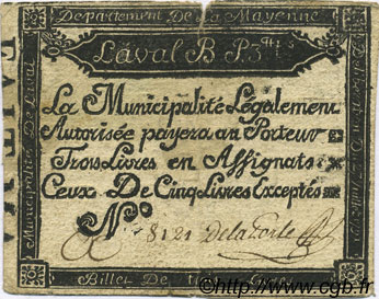 3 Livres FRANCE regionalism and miscellaneous Laval 1791 Kc.53.009b F