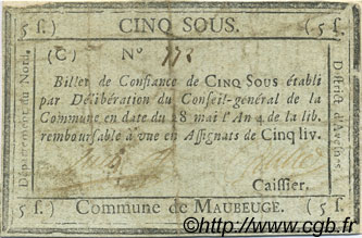 5 Sous FRANCE regionalism and miscellaneous Maubeuge 1795 Kc.59.072a VF