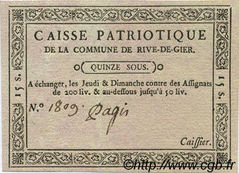 15 Sous FRANCE Regionalismus und verschiedenen Rive De Giers 1792 Kc.69.051 fST