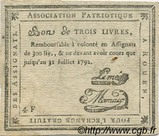3 Livres Faux FRANCE regionalism and various Rouen 1792 Kc.76.162 VF