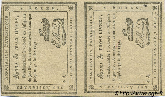 3 Livres Planche FRANCE regionalism and miscellaneous Rouen 1792 Kc.76.162 XF