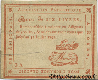 6 Livres Faux FRANCE regionalism and various Rouen 1792 Kc.76.163 VF