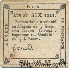 6 Sols FRANCE regionalism and miscellaneous Rouen 1792 Kc.76.167 XF