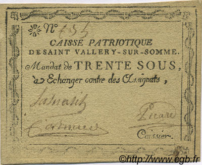 30 Sous FRANCE regionalism and various Saint Vallery Sur Somme 1792 Kc.80.108b VF