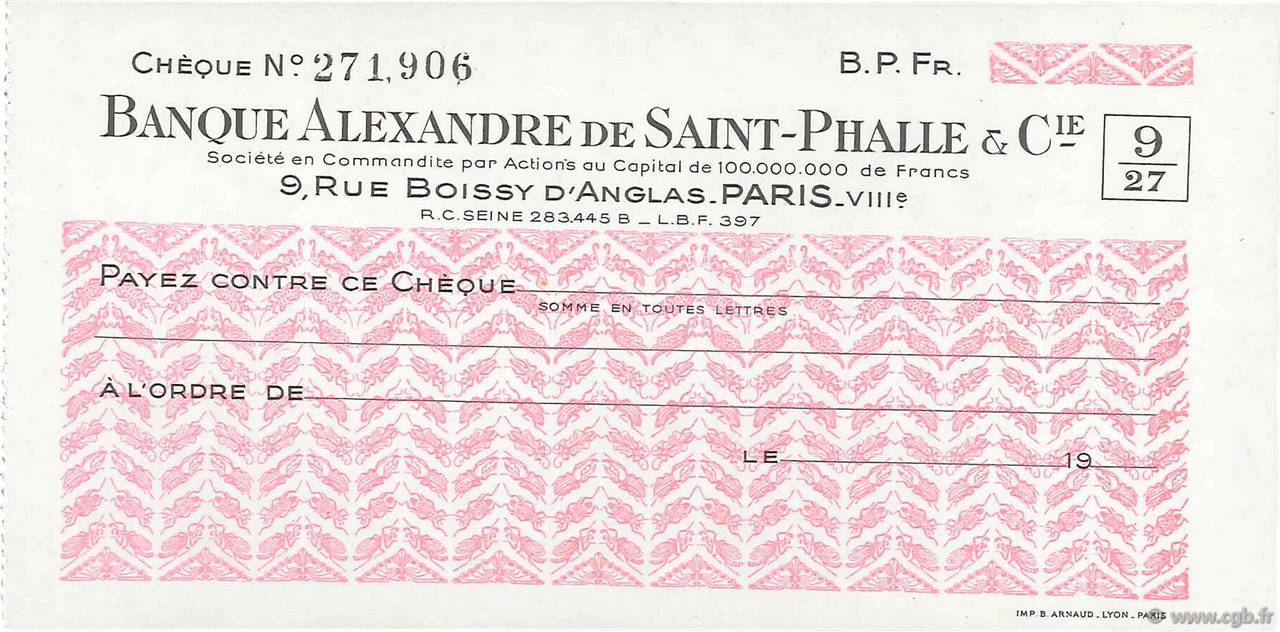 Francs FRANCE regionalism and miscellaneous Paris 1943 DOC.Chèque UNC