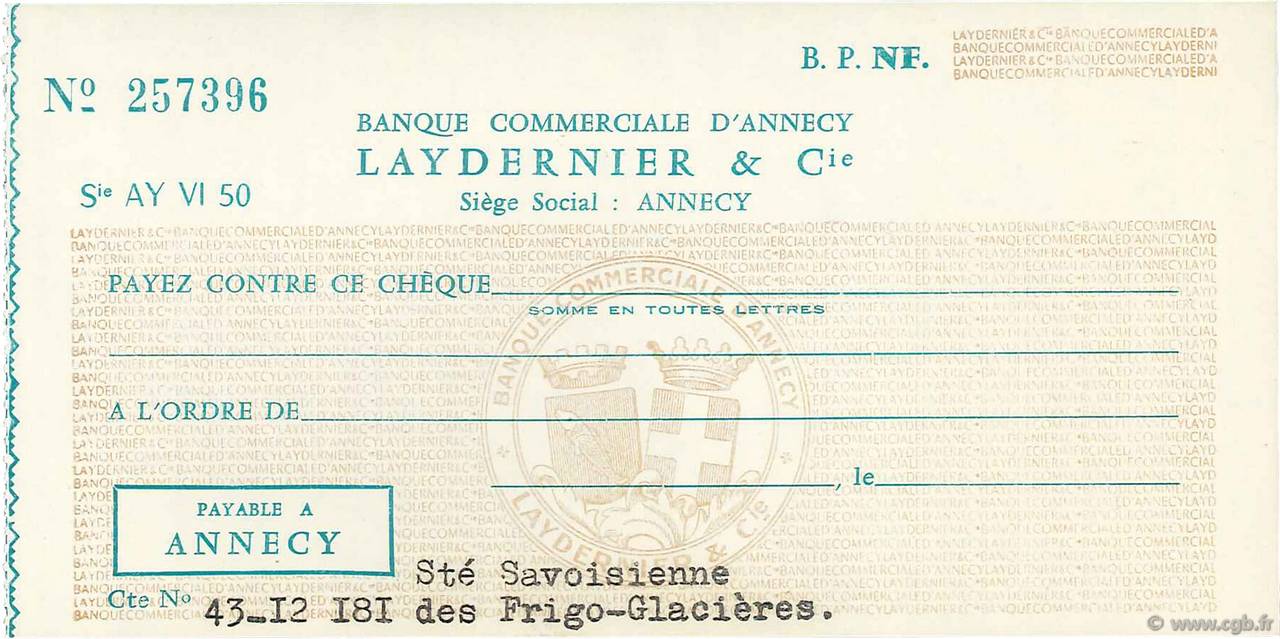 Francs FRANCE régionalisme et divers Annecy 1940 DOC.Chèque NEUF