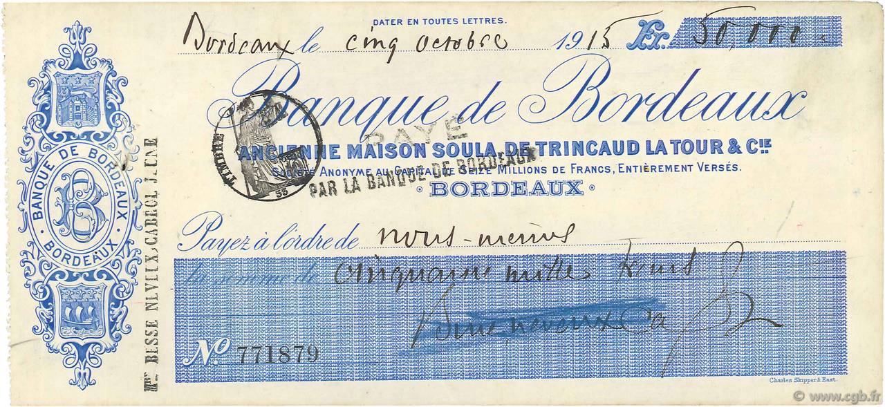 50000 Francs FRANCE regionalism and miscellaneous Bordeaux 1915 DOC.Chèque VF