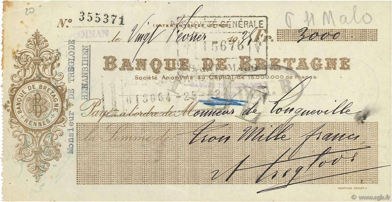 3000 Francs FRANCE regionalism and various Dinan 1935 DOC.Chèque VF