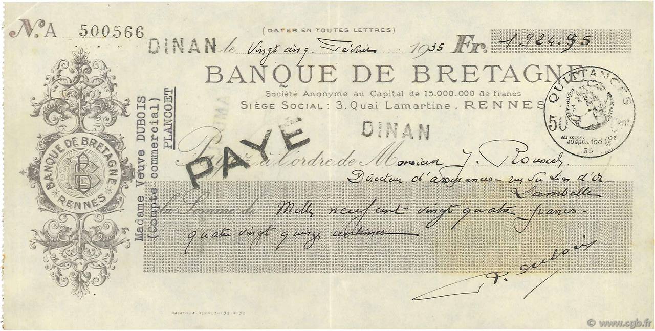 1954,95 Francs FRANCE regionalism and various Dinan 1935 DOC.Chèque VF