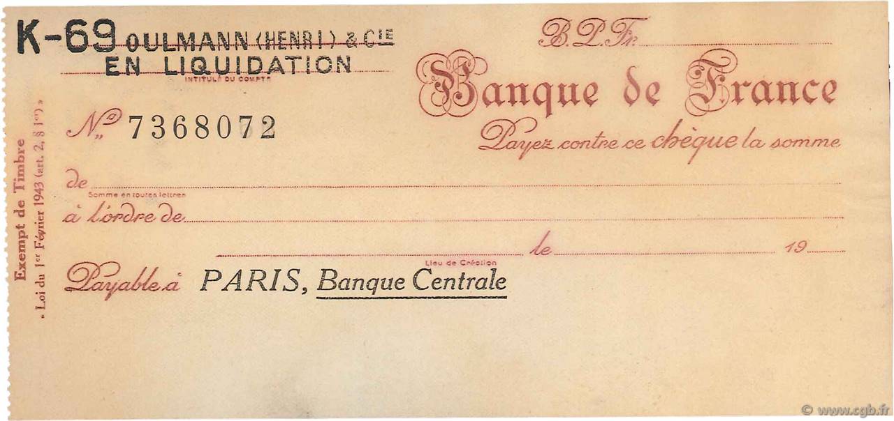 Francs FRANCE regionalism and various Paris 1943 DOC.Chèque VF