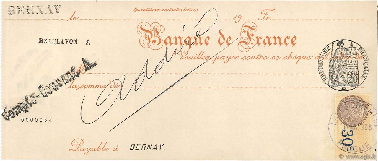 Francs FRANCE regionalismo y varios Bernay 1933 DOC.Chèque SC