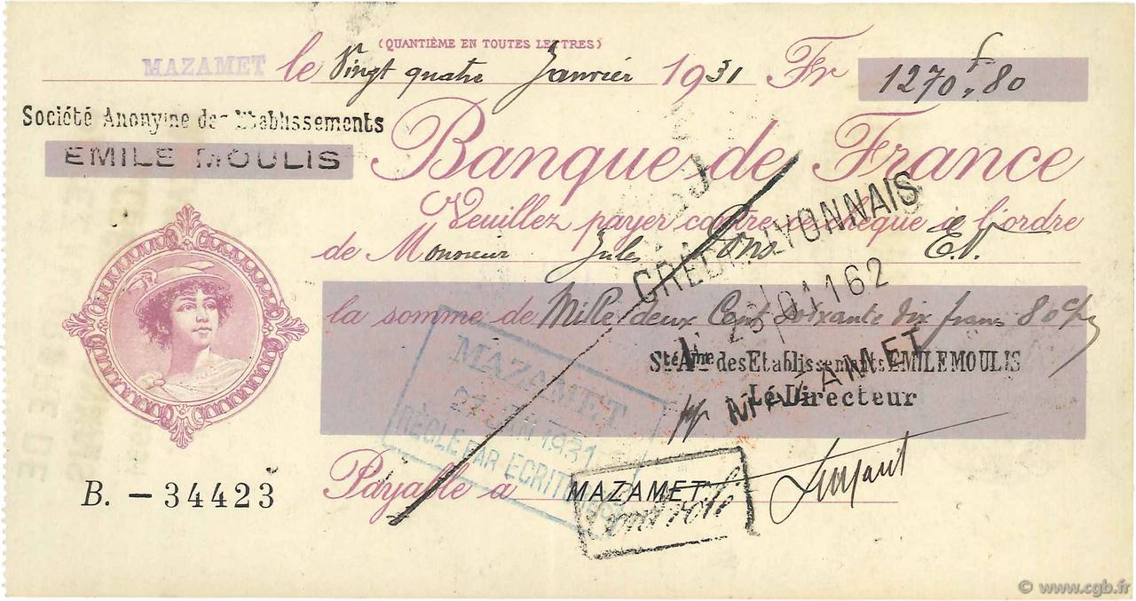 Francs FRANCE regionalism and miscellaneous Mazamet 1931 DOC.Chèque VF