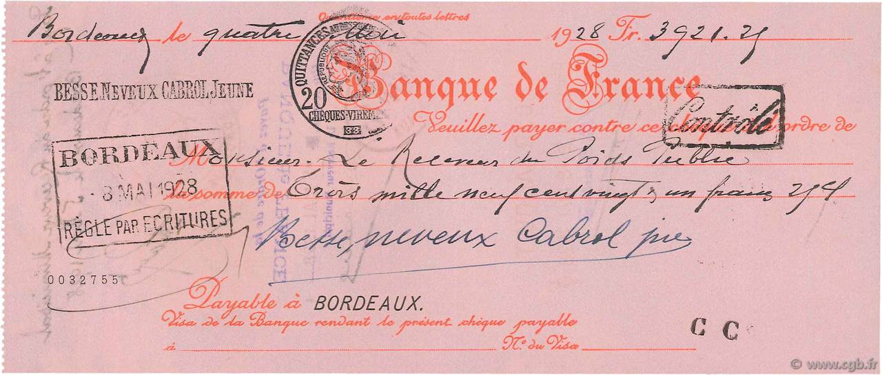 3921,21 Francs FRANCE regionalismo y varios Bordeaux 1928 DOC.Chèque EBC