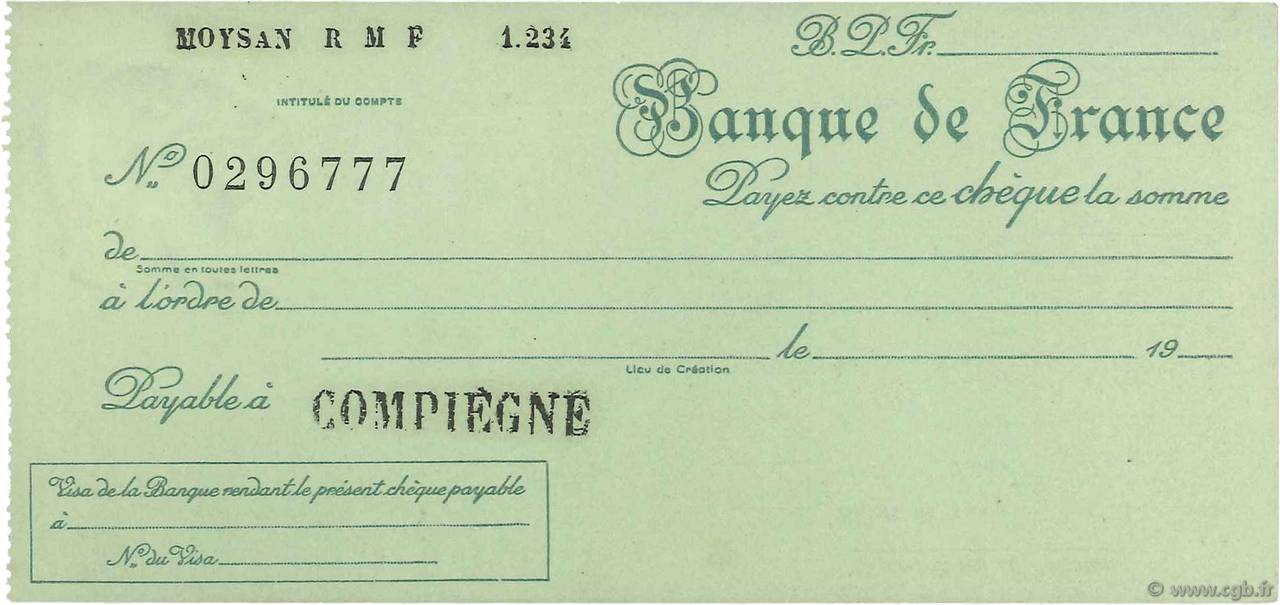 Francs FRANCE regionalism and miscellaneous Compiègne 1943 DOC.Chèque AU