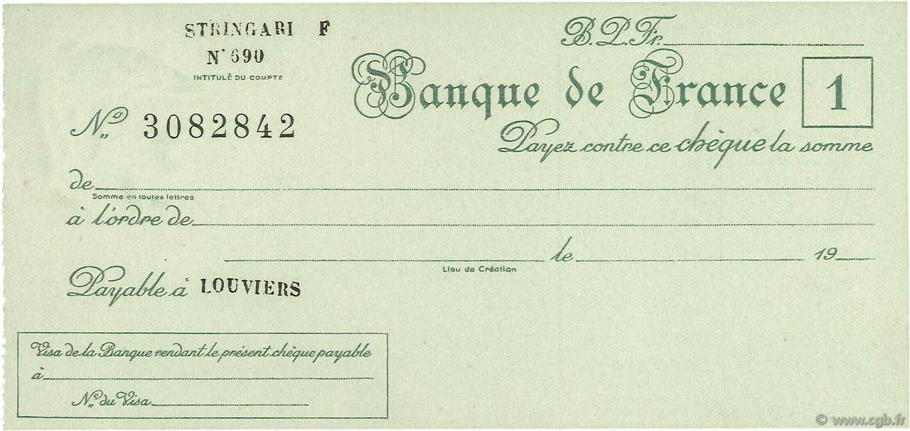 Francs FRANCE Regionalismus und verschiedenen Louviers 1943 DOC.Chèque fST