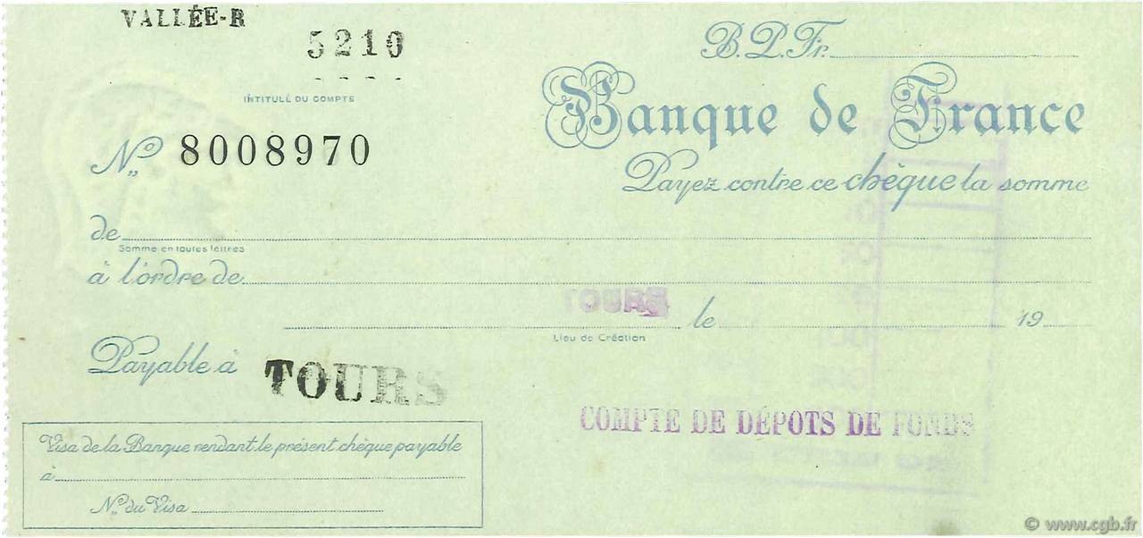 Francs FRANCE regionalism and miscellaneous Tours 1943 DOC.Chèque XF