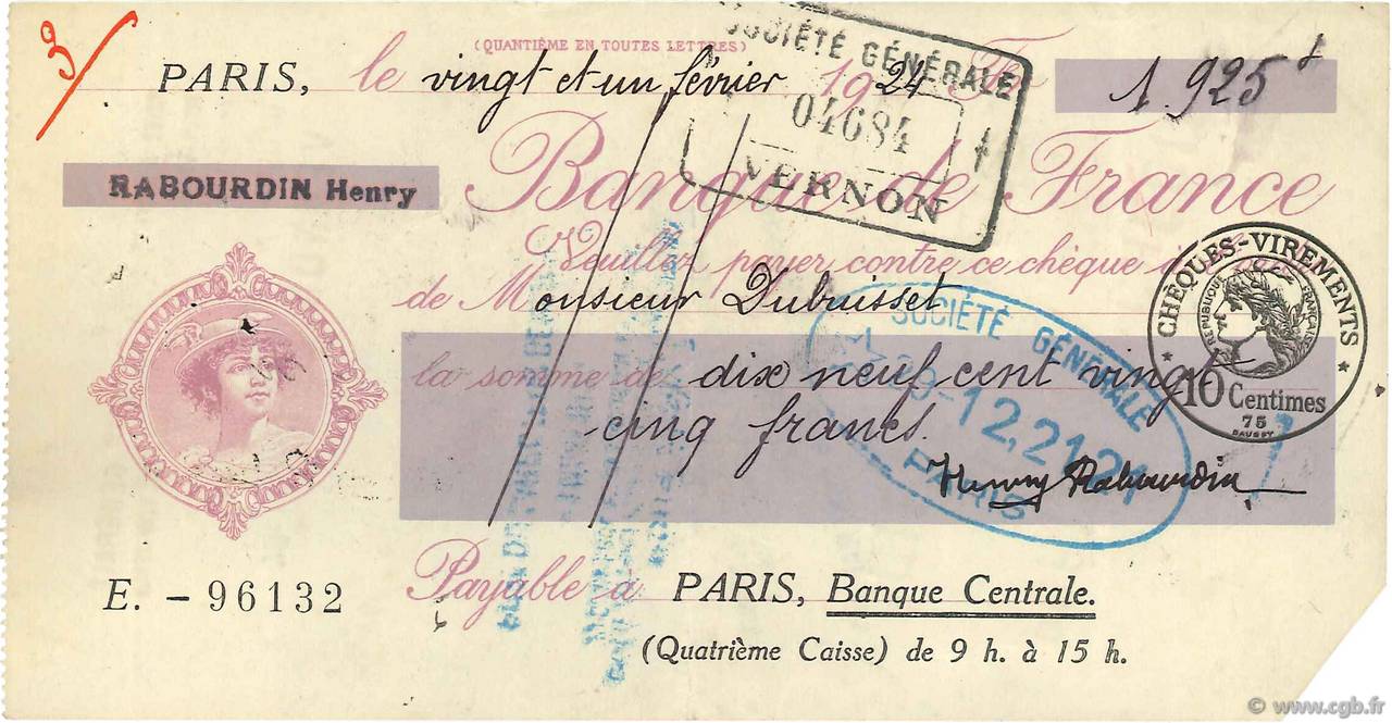 1925 Francs FRANCE regionalismo e varie Paris 1924 DOC.Chèque BB