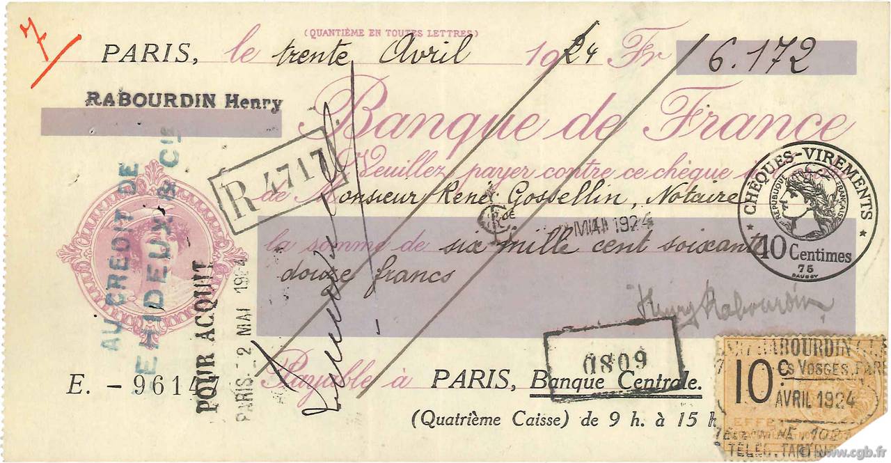 6172 Francs FRANCE regionalism and miscellaneous Paris 1924 DOC.Chèque VF