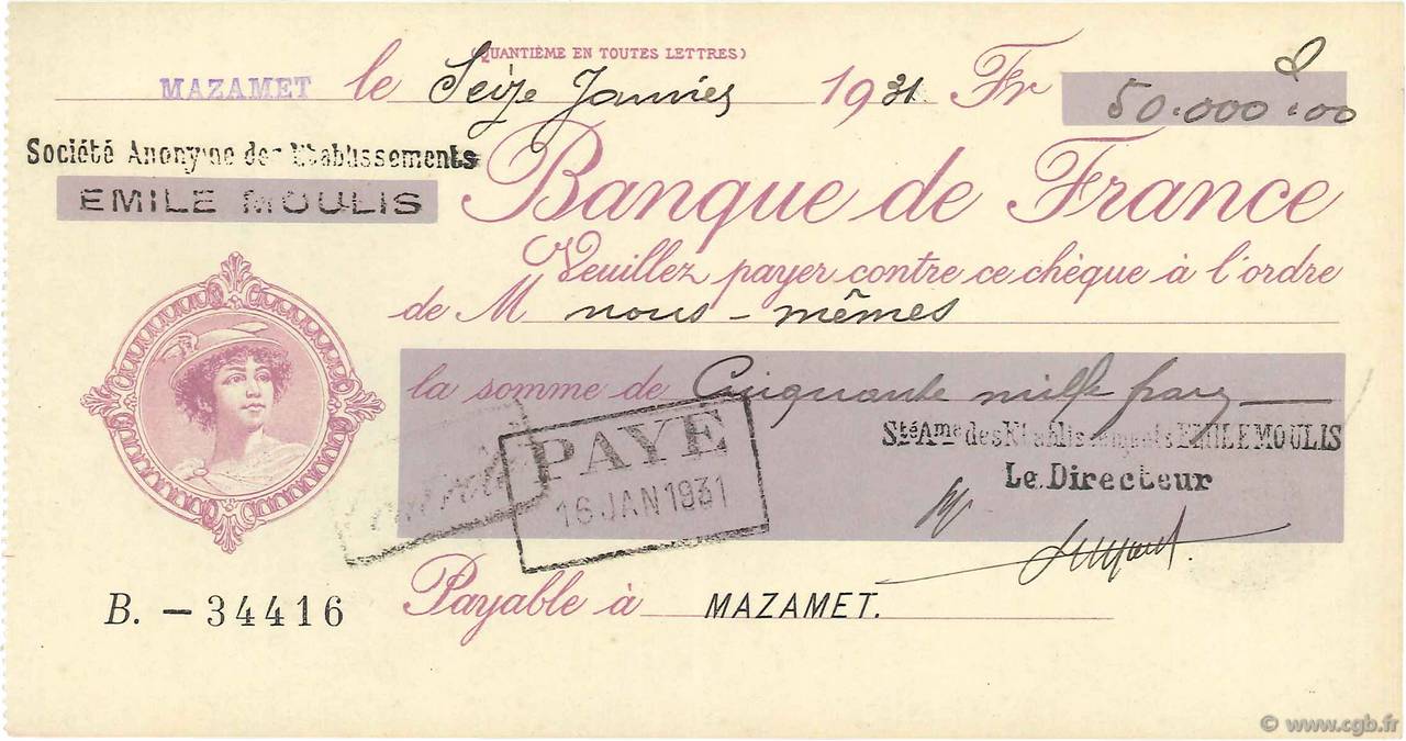 50000 Francs FRANCE regionalismo y varios Mazamet 1931 DOC.Chèque EBC