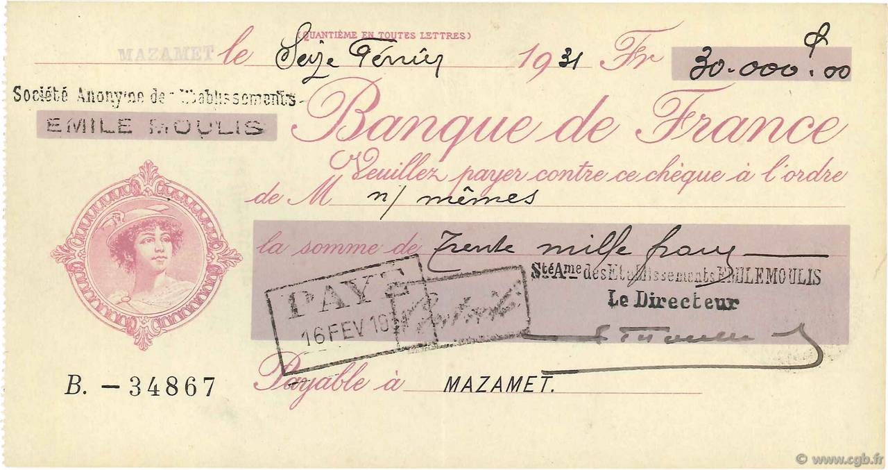 30000 Francs FRANCE regionalism and miscellaneous Mazamet 1931 DOC.Chèque XF