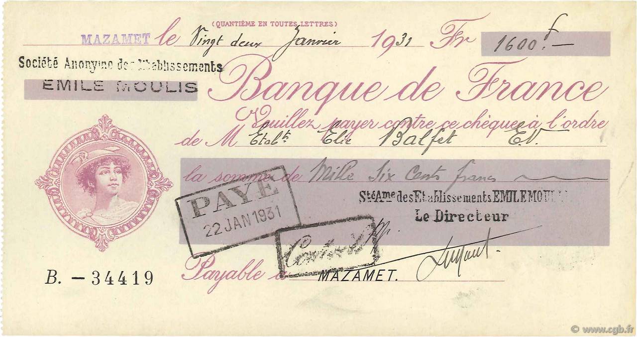 1600 Francs FRANCE regionalism and various Mazamet 1931 DOC.Chèque XF