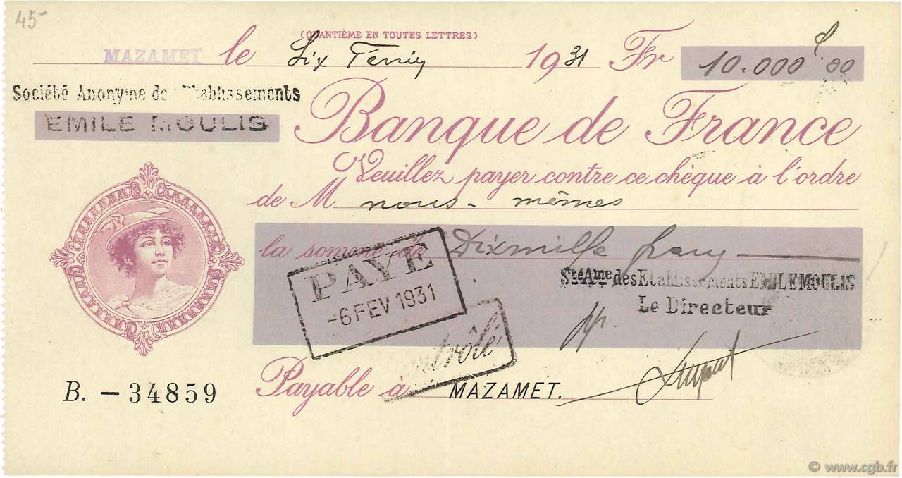 10000 Francs FRANCE régionalisme et divers Mazamet 1931 DOC.Chèque SUP