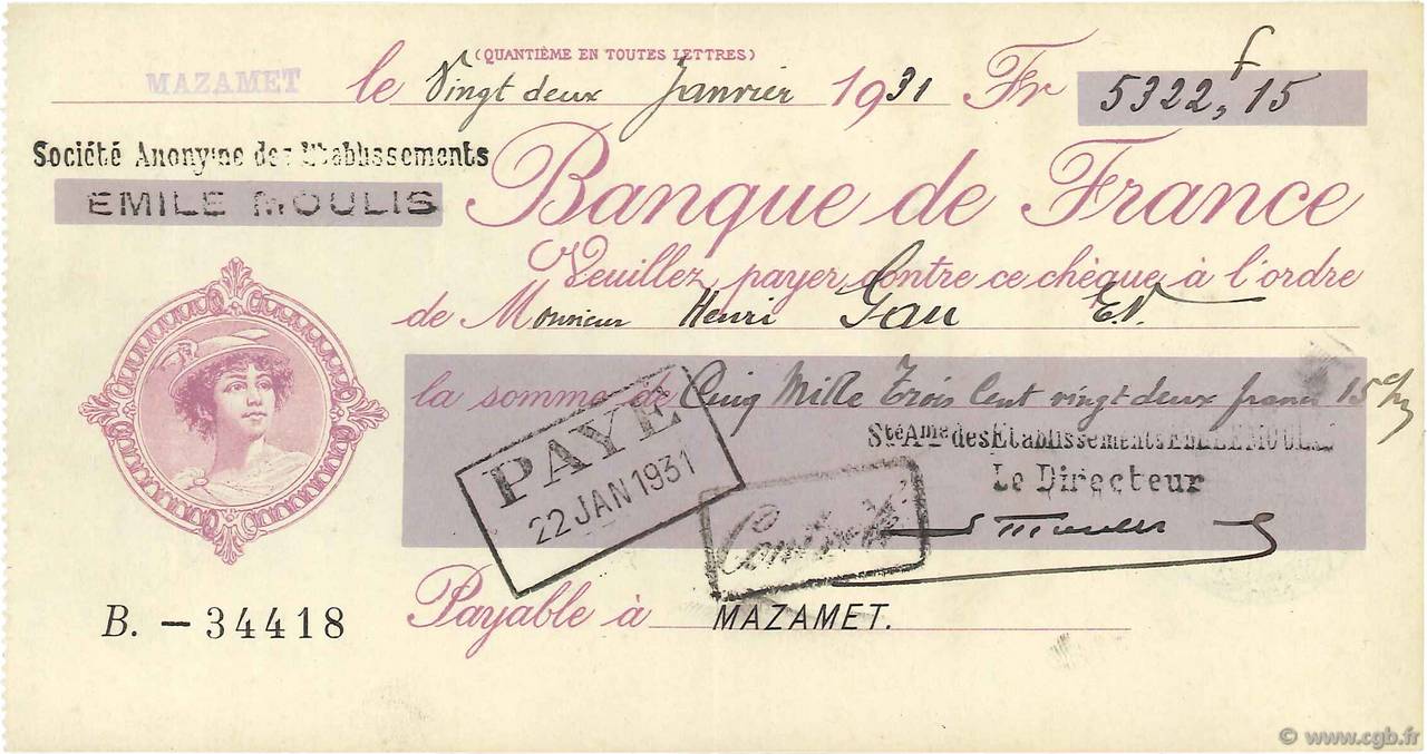 5322,15 Francs FRANCE Regionalismus und verschiedenen Mazamet 1931 DOC.Chèque VZ