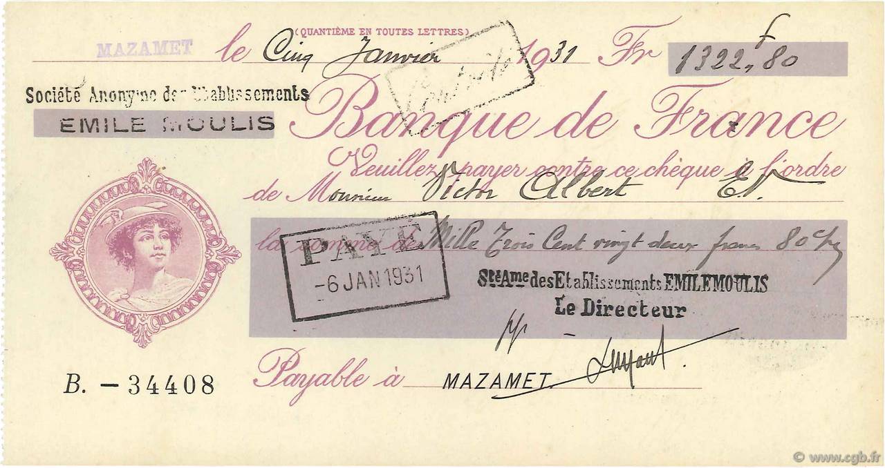 1322,80 Francs FRANCE regionalismo y varios Mazamet 1931 DOC.Chèque SC