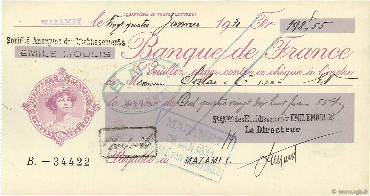 198,55 Francs FRANCE regionalismo e varie Mazamet 1931 DOC.Chèque SPL