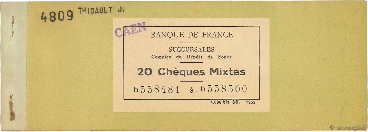 Francs FRANCE regionalism and miscellaneous Caen 1955 DOC.Chèque F
