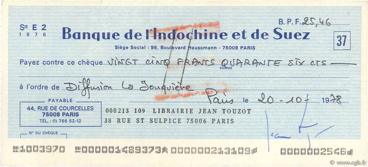 25,46 Francs FRANCE regionalism and various Paris 1978 DOC.Chèque VF