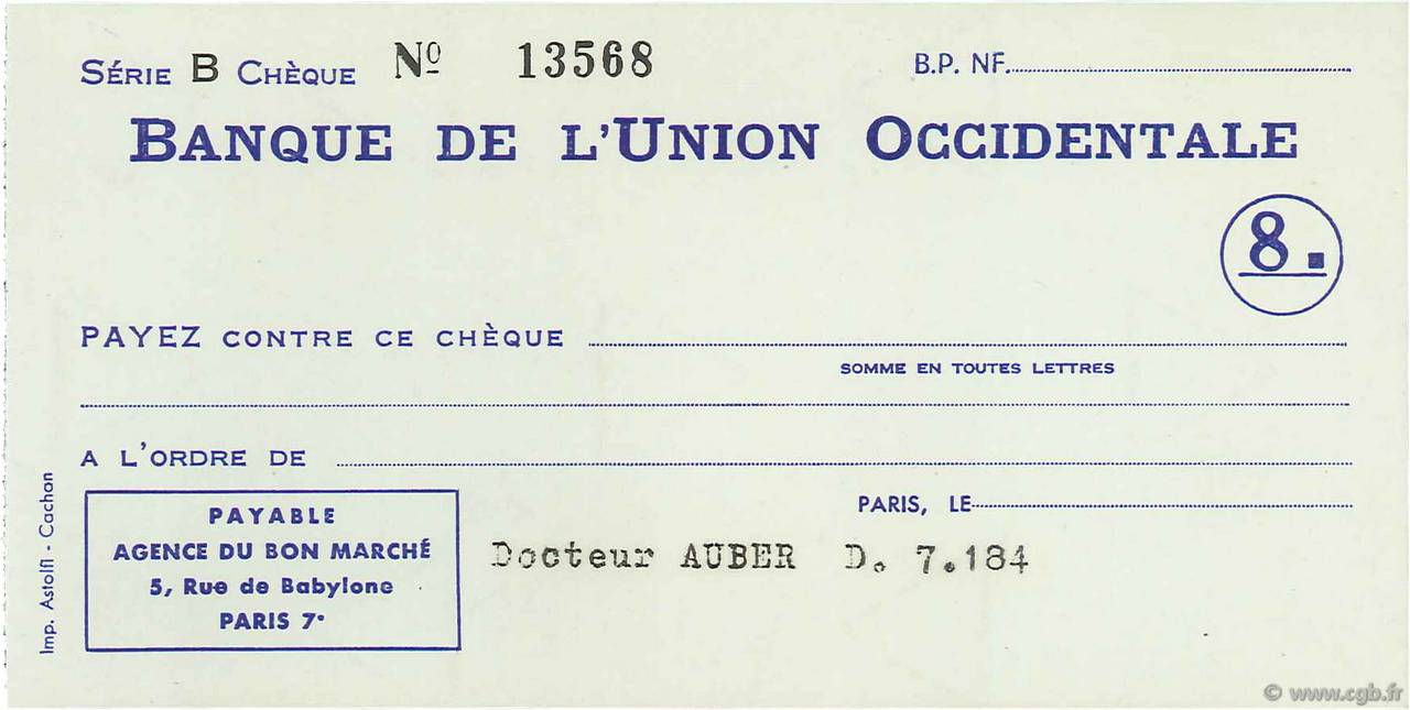 Francs FRANCE regionalism and miscellaneous Paris 1960 DOC.Chèque UNC