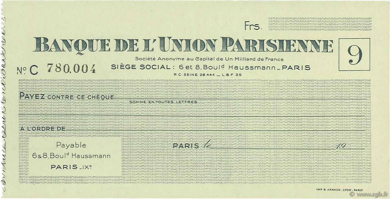Francs FRANCE regionalism and miscellaneous Paris 1943 DOC.Chèque UNC