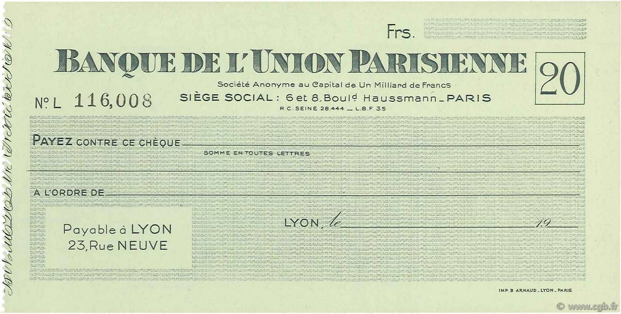 Francs FRANCE regionalismo e varie Paris 1943 DOC.Chèque FDC
