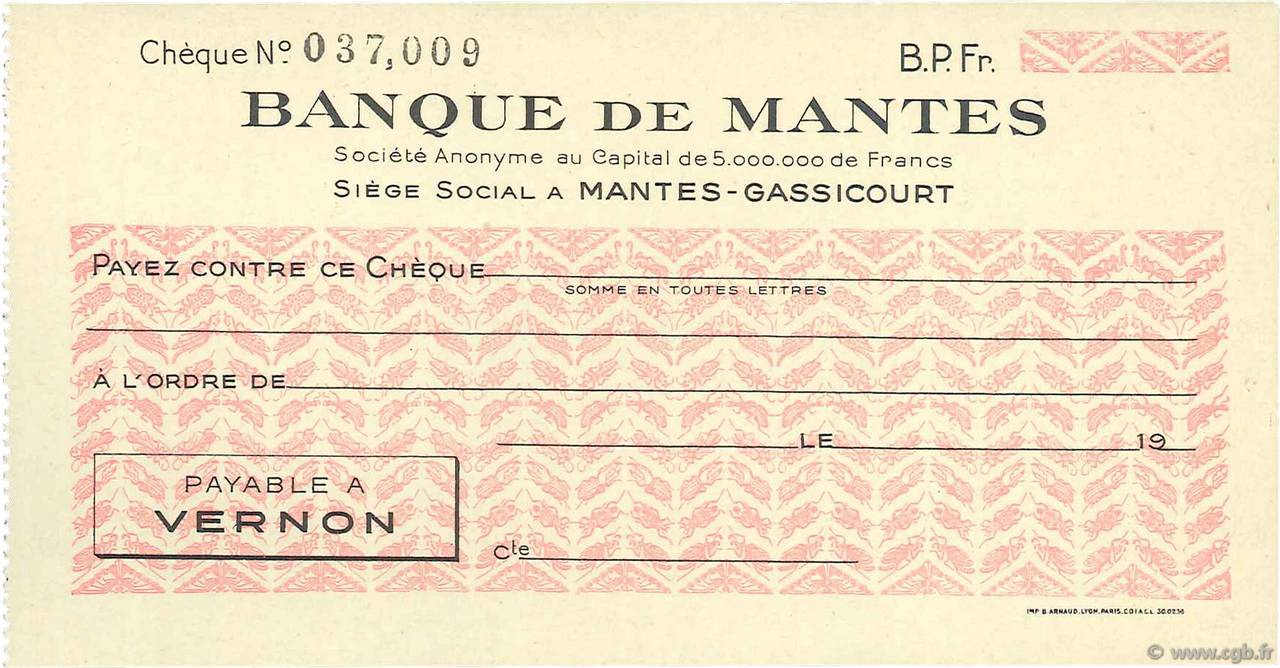 Francs FRANCE Regionalismus und verschiedenen Mantes-Gassicourt 1943 DOC.Chèque VZ