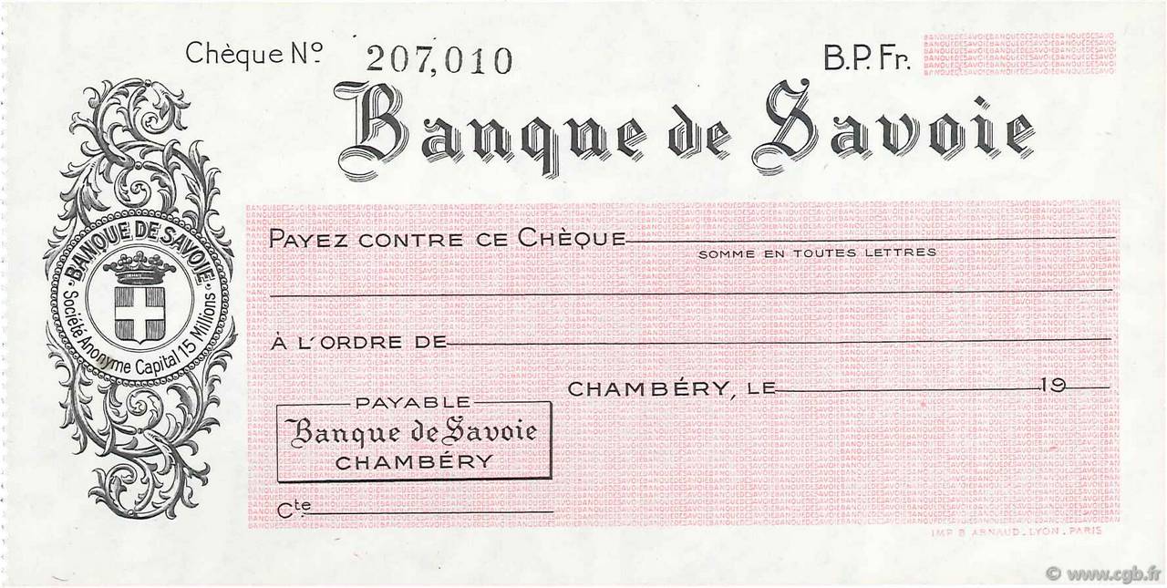 Francs FRANCE Regionalismus und verschiedenen Chambéry 1943 DOC.Chèque fST