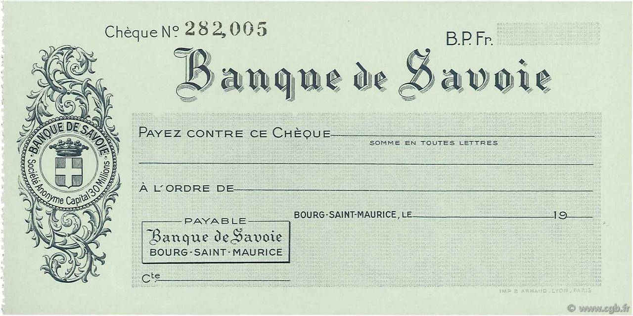 Francs FRANCE Regionalismus und verschiedenen Bourg-Saint-Maurice 1943 DOC.Chèque fST