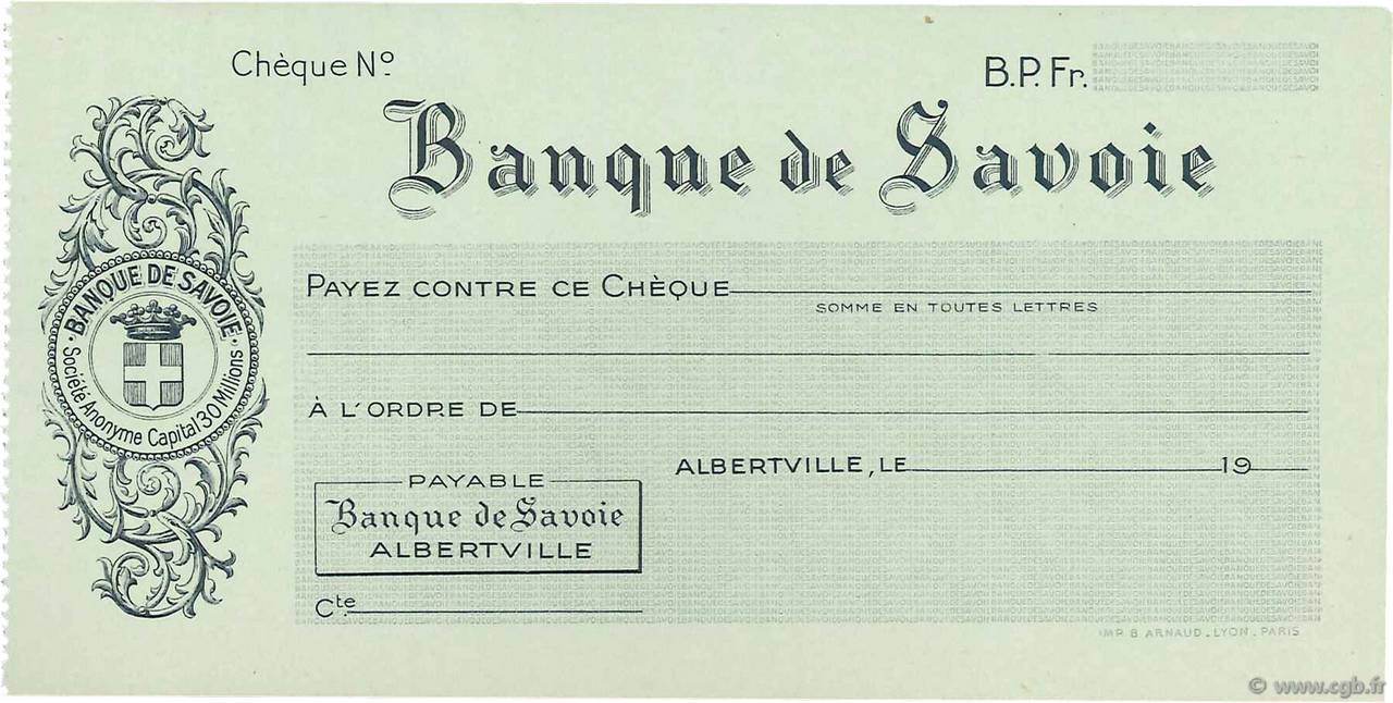 Francs FRANCE regionalismo y varios Albertville 1943 DOC.Chèque SC