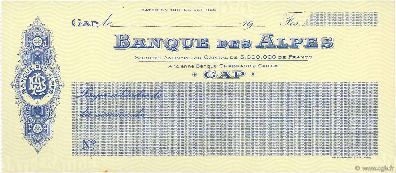 Francs FRANCE regionalism and miscellaneous Gap 1910 DOC.Chèque XF