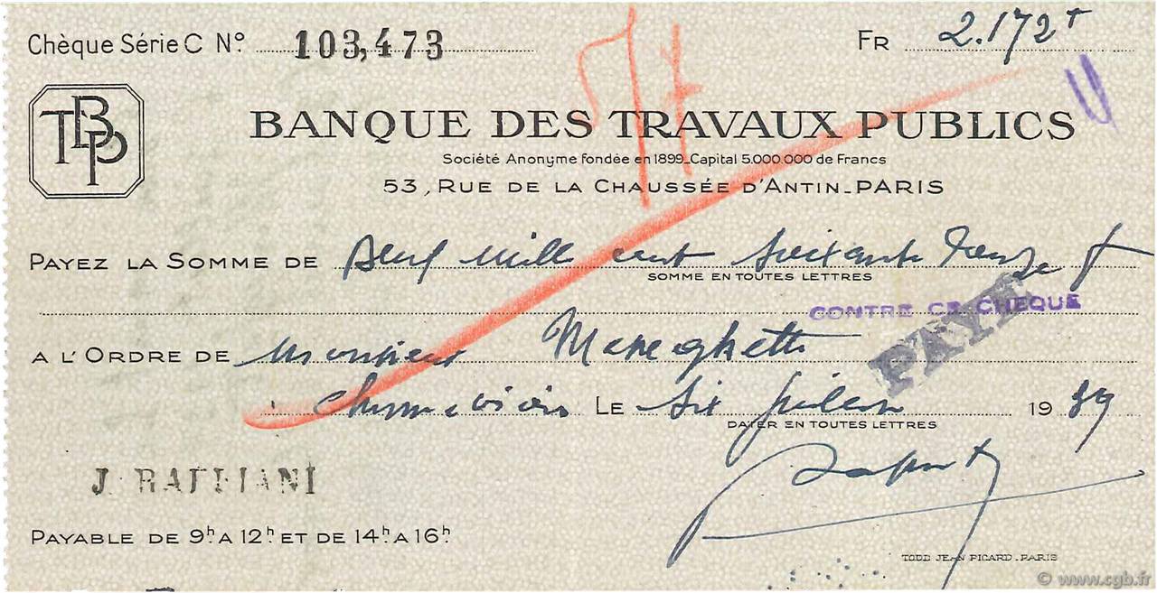 2177 Francs FRANCE regionalismo y varios Paris 1939 DOC.Chèque MBC