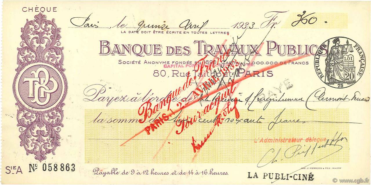 360 Francs FRANCE regionalism and various Paris 1933 DOC.Chèque XF