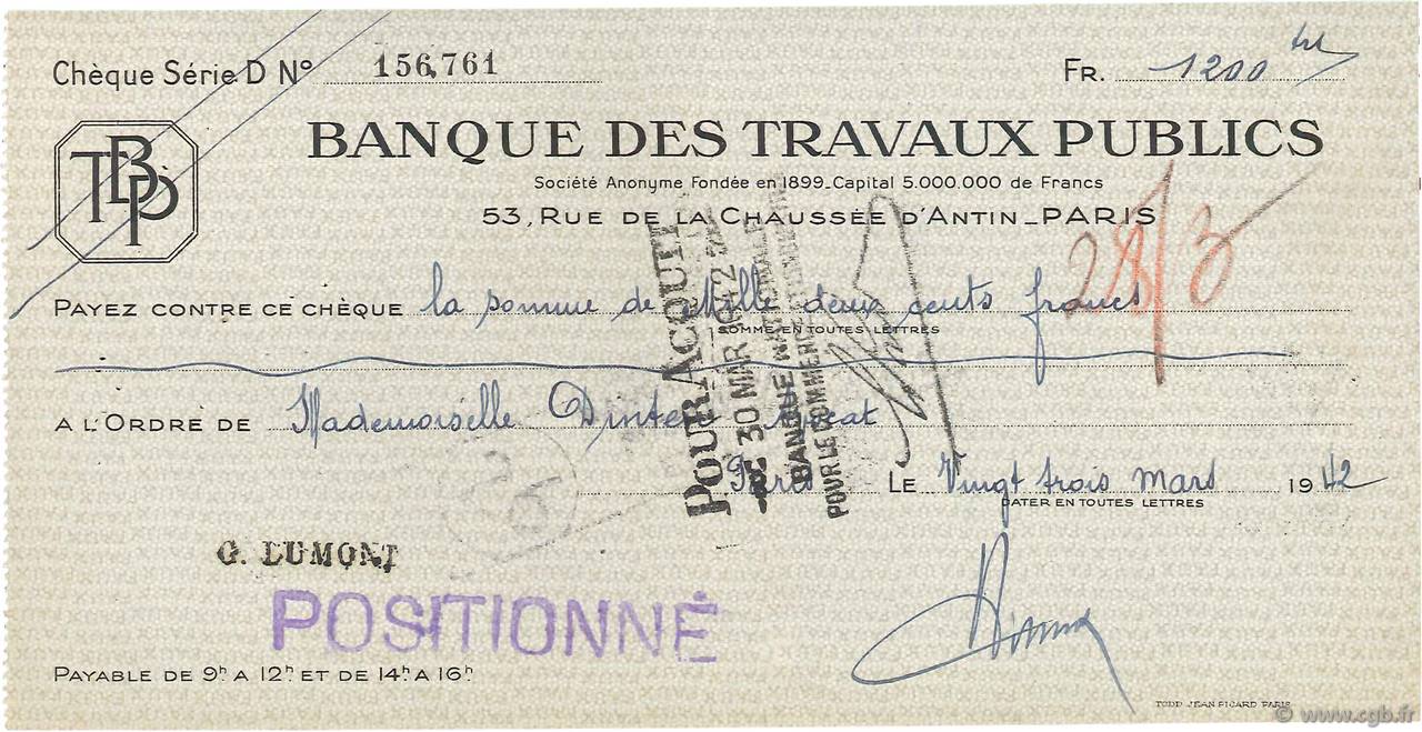 1200 Francs FRANCE regionalism and miscellaneous Paris 1942 DOC.Chèque XF