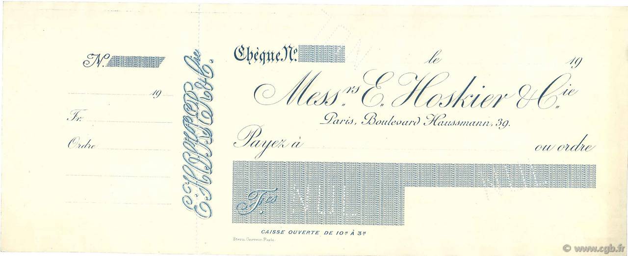 Francs Non émis FRANCE regionalism and miscellaneous Paris 1900 DOC.Chèque AU