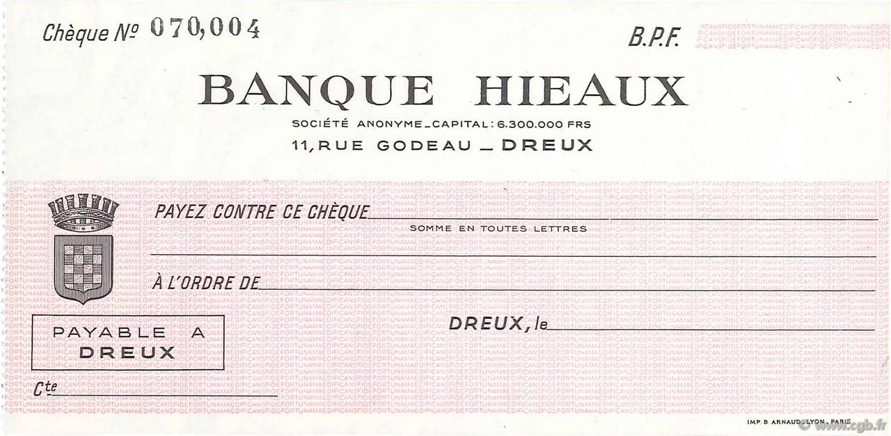 Francs FRANCE regionalismo e varie Dreux 1943 DOC.Chèque AU